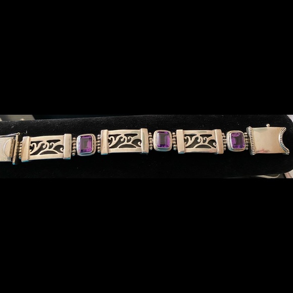 Sterling Silver 925 3 Link 3 Amethyst Emerald cut gemstone bracelet.